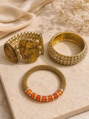 3-Piece Gold Tone Statement Bracelet Bundle | Cuff, Stretch & Rhinestone Bangle